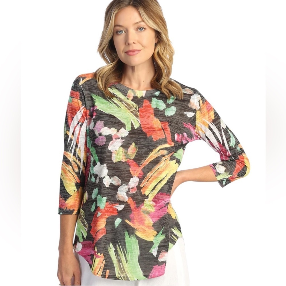 Jess & Jane Plus Size Multi Blossom Burnout Tunic Stretch Pullover Flowy   1X